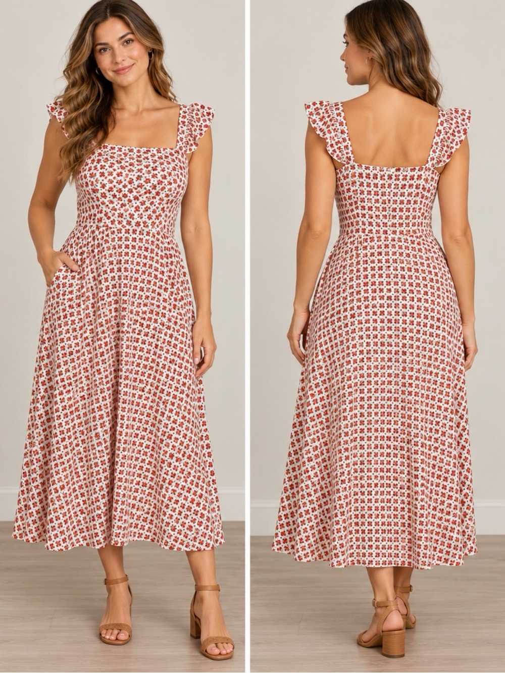 Boden Floral midi Dress Size 6R Square Neck Flutter Sleeve w/ Pockets